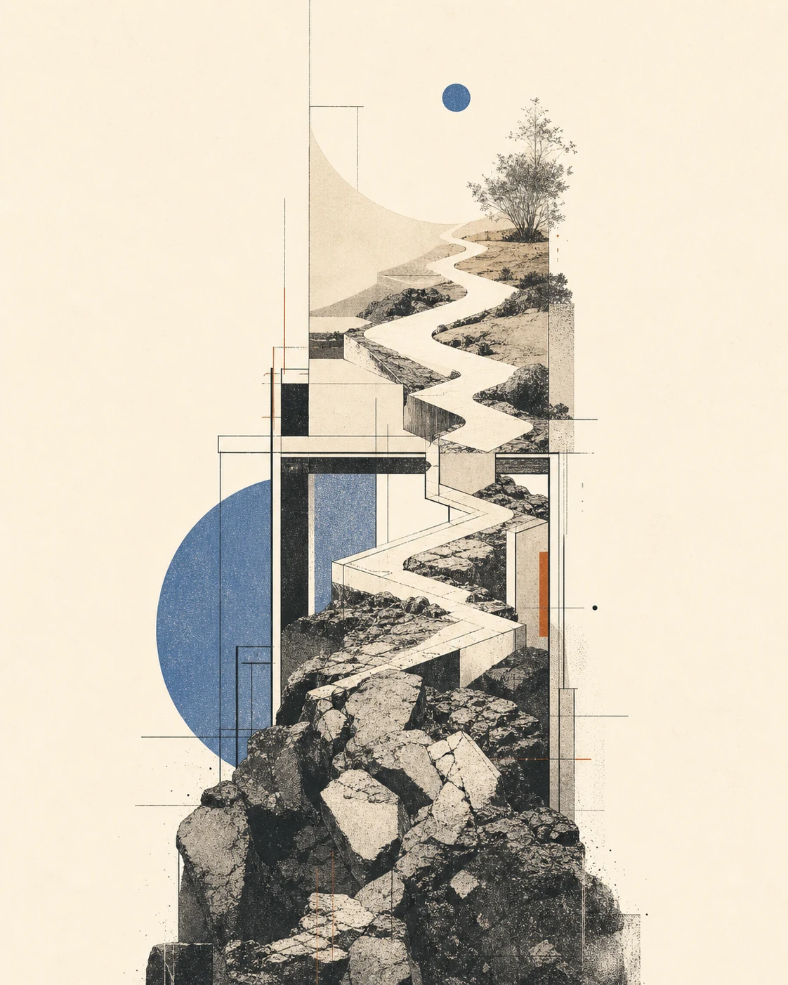 An architectural path adapting to rocky terrain and continuing toward an open landscape.