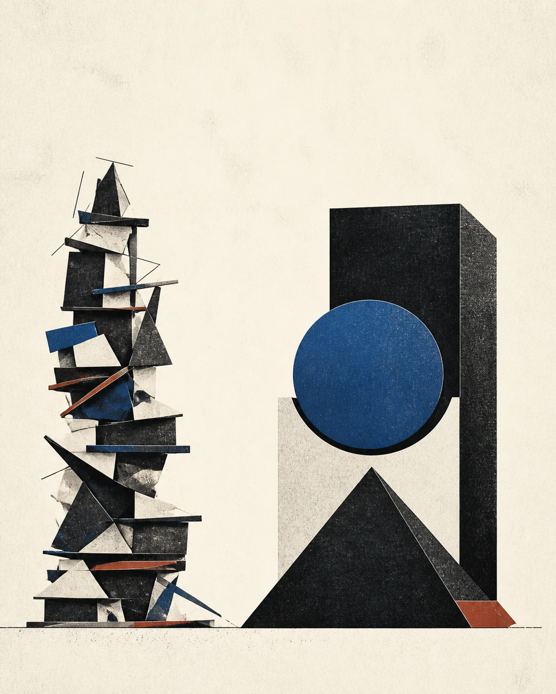 An unstable stack of fragments beside a few strong, balanced geometric forms.